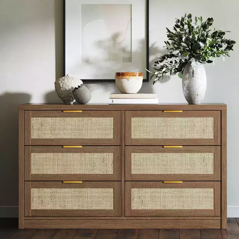 6 Drawer Dresser for Bedroom, Rattan Chest of Drawers with Gold Handle, 52.7W Storage Dressers Organizer, Entryway Console Table
