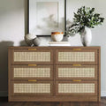 6 Drawer Dresser for Bedroom, Rattan Chest of Drawers with Gold Handle, 52.7W Storage Dressers Organizer, Entryway Console Table