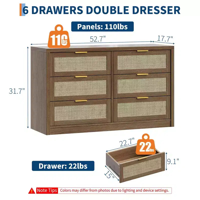 6 Drawer Dresser for Bedroom, Rattan Chest of Drawers with Gold Handle, 52.7W Storage Dressers Organizer, Entryway Console Table