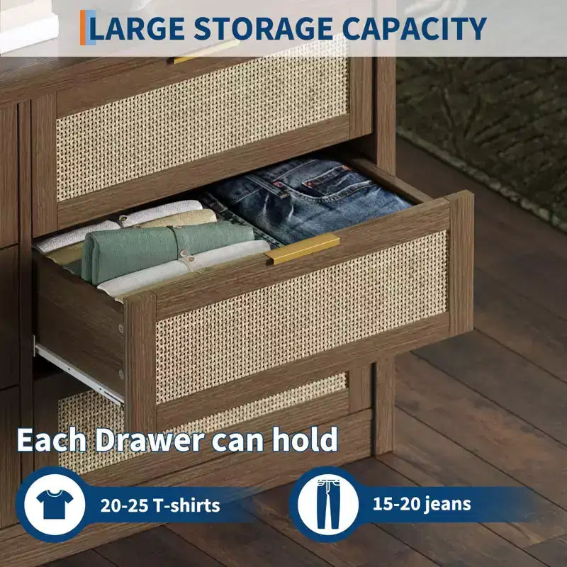 6 Drawer Dresser for Bedroom, Rattan Chest of Drawers with Gold Handle, 52.7W Storage Dressers Organizer, Entryway Console Table