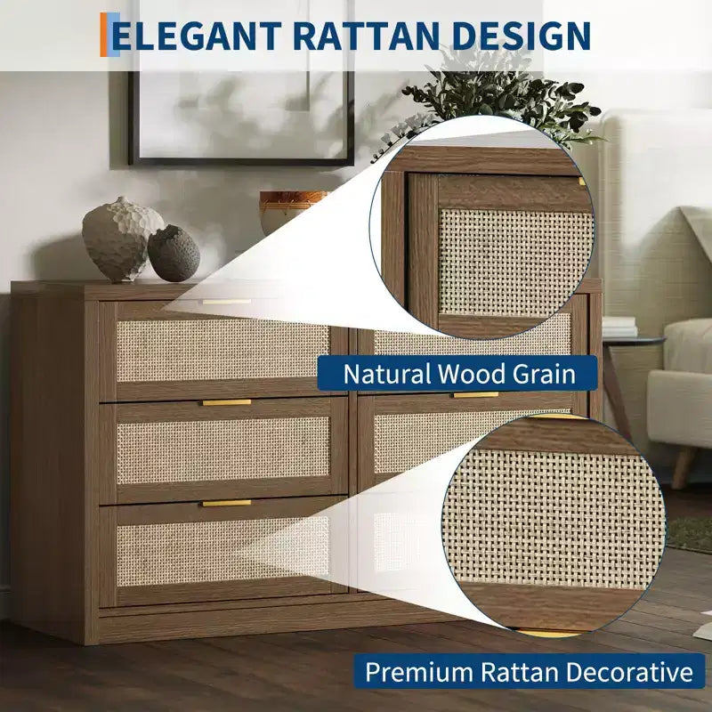 6 Drawer Dresser for Bedroom, Rattan Chest of Drawers with Gold Handle, 52.7W Storage Dressers Organizer, Entryway Console Table