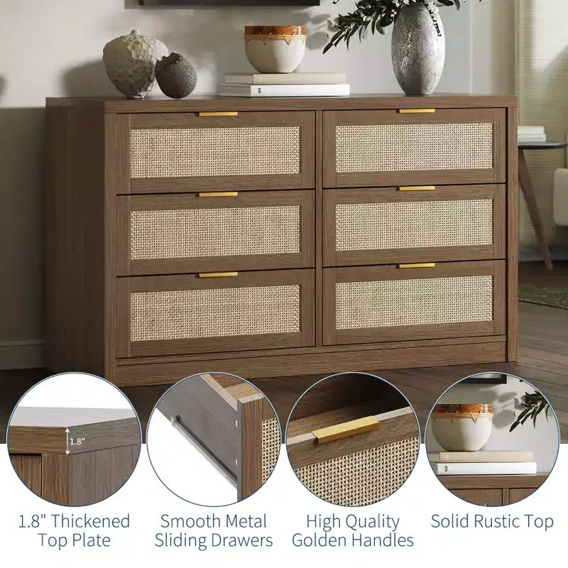 6 Drawer Dresser for Bedroom, Rattan Chest of Drawers with Gold Handle, 52.7W Storage Dressers Organizer, Entryway Console Table