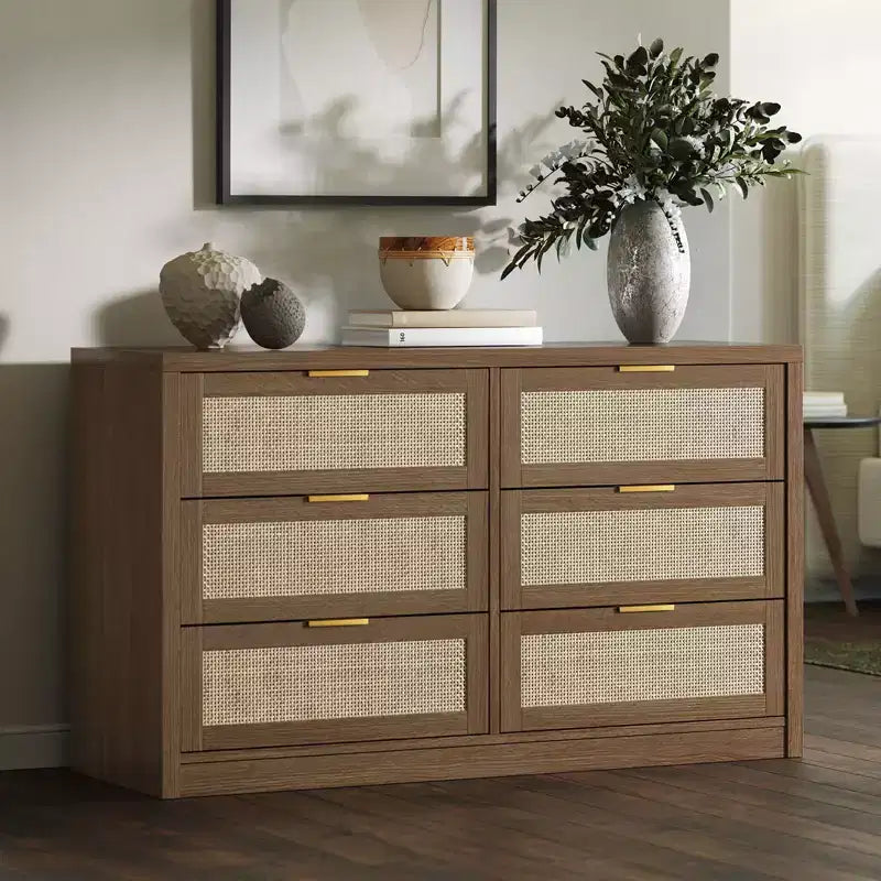 6 Drawer Dresser for Bedroom, Rattan Chest of Drawers with Gold Handle, 52.7W Storage Dressers Organizer, Entryway Console Table