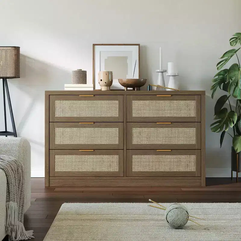 6 Drawer Dresser for Bedroom, Rattan Chest of Drawers with Gold Handle, 52.7W Storage Dressers Organizer, Entryway Console Table