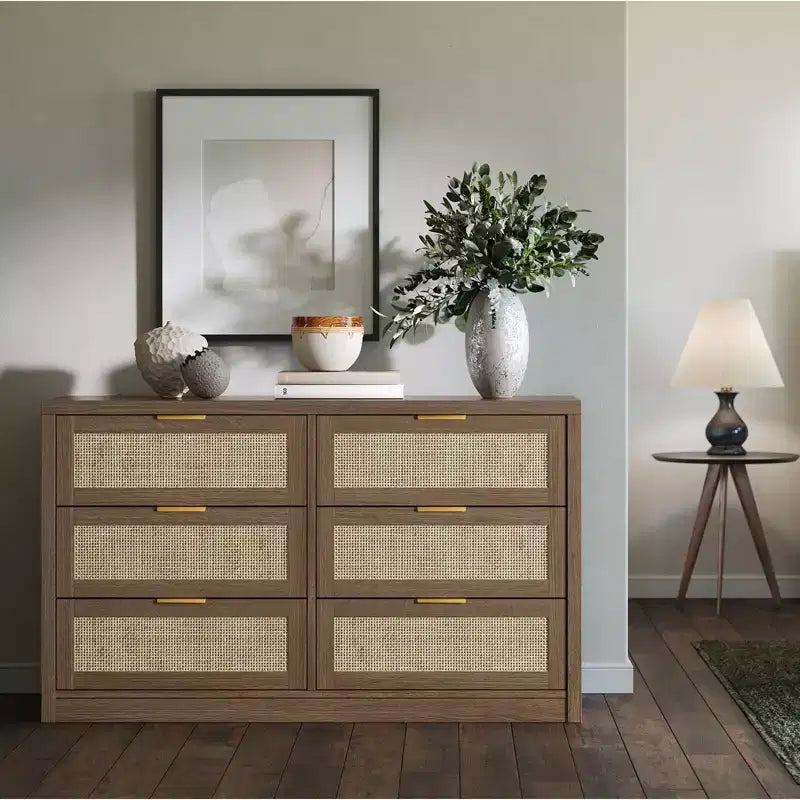6 Drawer Dresser for Bedroom, Rattan Chest of Drawers with Gold Handle, 52.7W Storage Dressers Organizer, Entryway Console Table