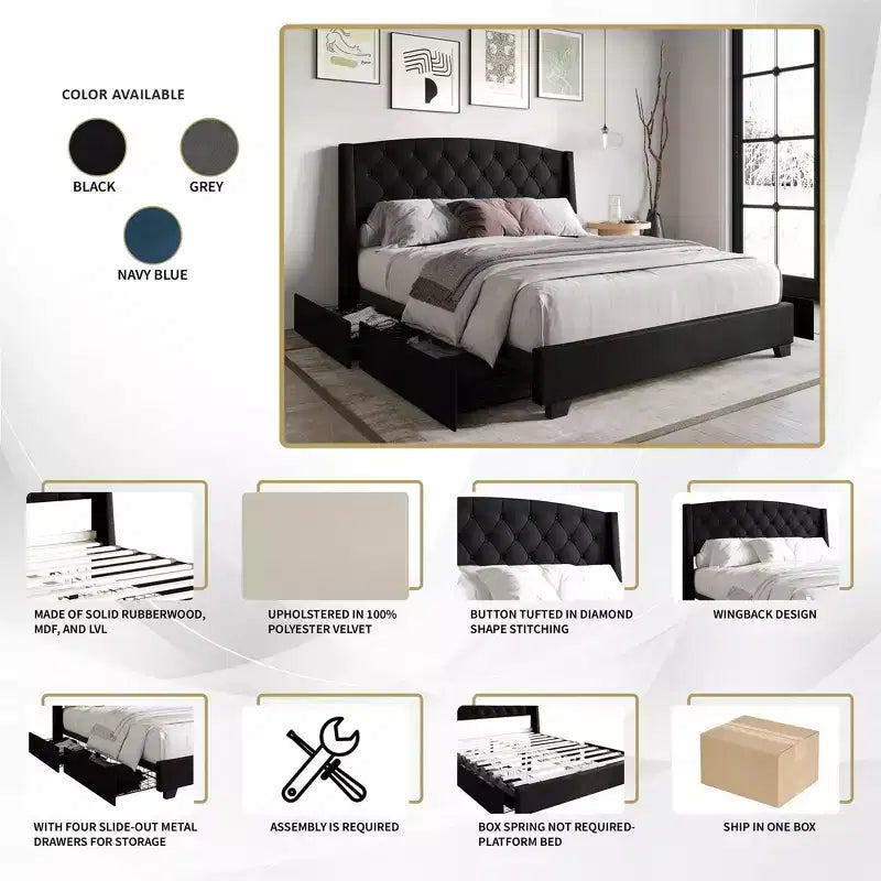 Lit plateforme en velours avec rangement