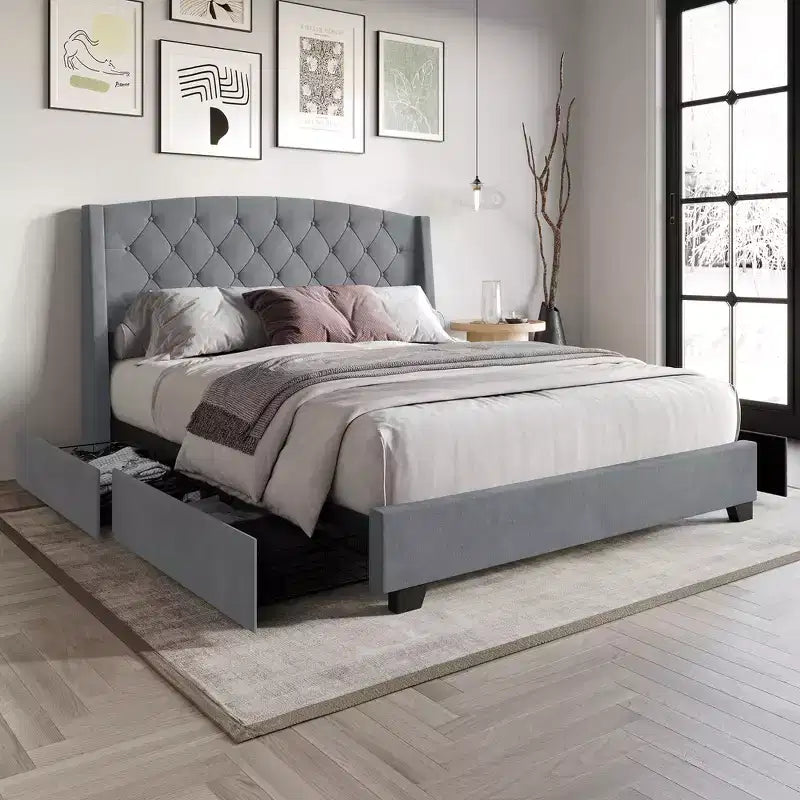 Lit plateforme en velours avec rangement