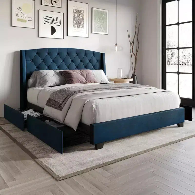 Lit plateforme en velours avec rangement
