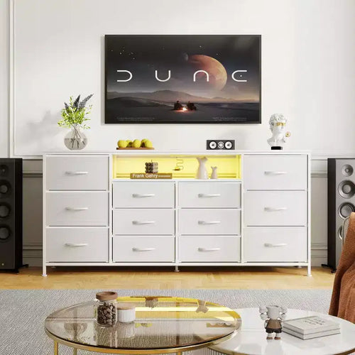 12-Drawer Dresser with Charging Station & LED Lights, Fabric Chest of Drawers with Sturdy Metal Frame
