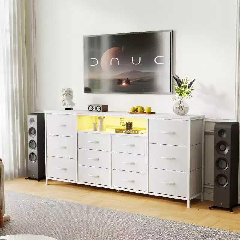 12-Drawer Dresser with Charging Station & LED Lights, Fabric Chest of Drawers with Sturdy Metal Frame