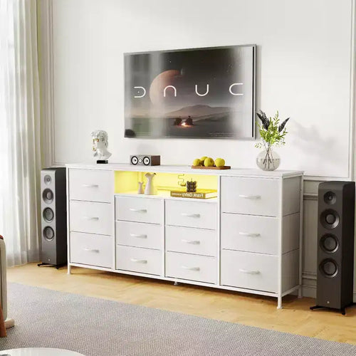 12-Drawer Dresser with Charging Station & LED Lights, Fabric Chest of Drawers with Sturdy Metal Frame