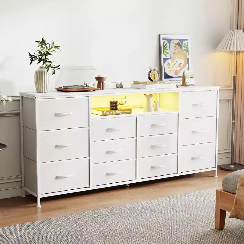 12-Drawer Dresser with Charging Station & LED Lights, Fabric Chest of Drawers with Sturdy Metal Frame