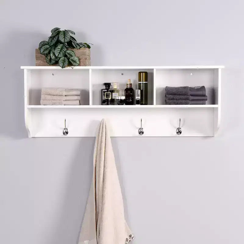 Coat Rack White Entryway Wall Mounted with 4 Dual Hooks Living Room Wooden Storage Shelf