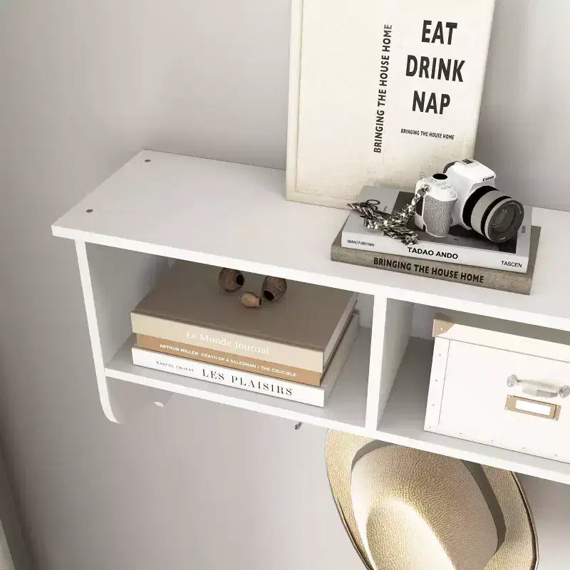 Coat Rack White Entryway Wall Mounted with 4 Dual Hooks Living Room Wooden Storage Shelf