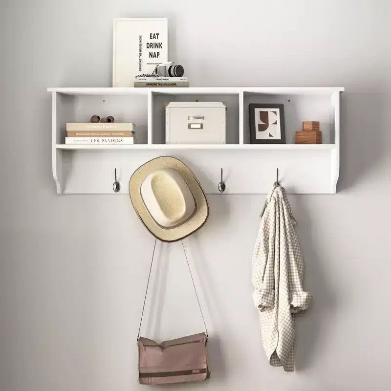 Coat Rack White Entryway Wall Mounted with 4 Dual Hooks Living Room Wooden Storage Shelf
