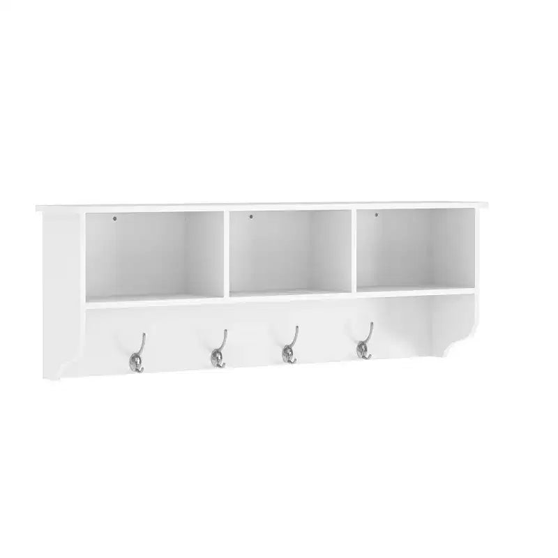 Coat Rack White Entryway Wall Mounted with 4 Dual Hooks Living Room Wooden Storage Shelf