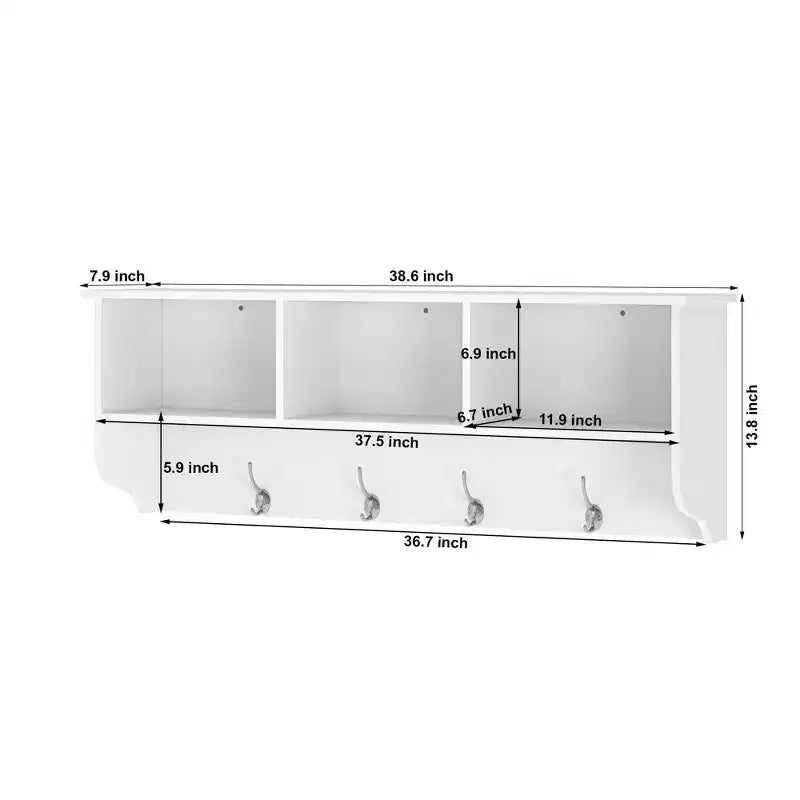 Coat Rack White Entryway Wall Mounted with 4 Dual Hooks Living Room Wooden Storage Shelf