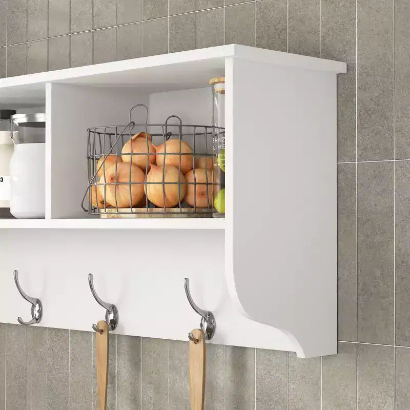Coat Rack White Entryway Wall Mounted with 4 Dual Hooks Living Room Wooden Storage Shelf