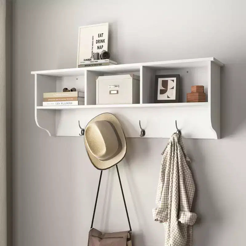 Coat Rack White Entryway Wall Mounted with 4 Dual Hooks Living Room Wooden Storage Shelf