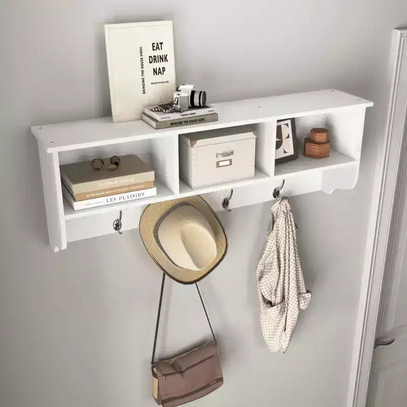 Coat Rack White Entryway Wall Mounted with 4 Dual Hooks Living Room Wooden Storage Shelf