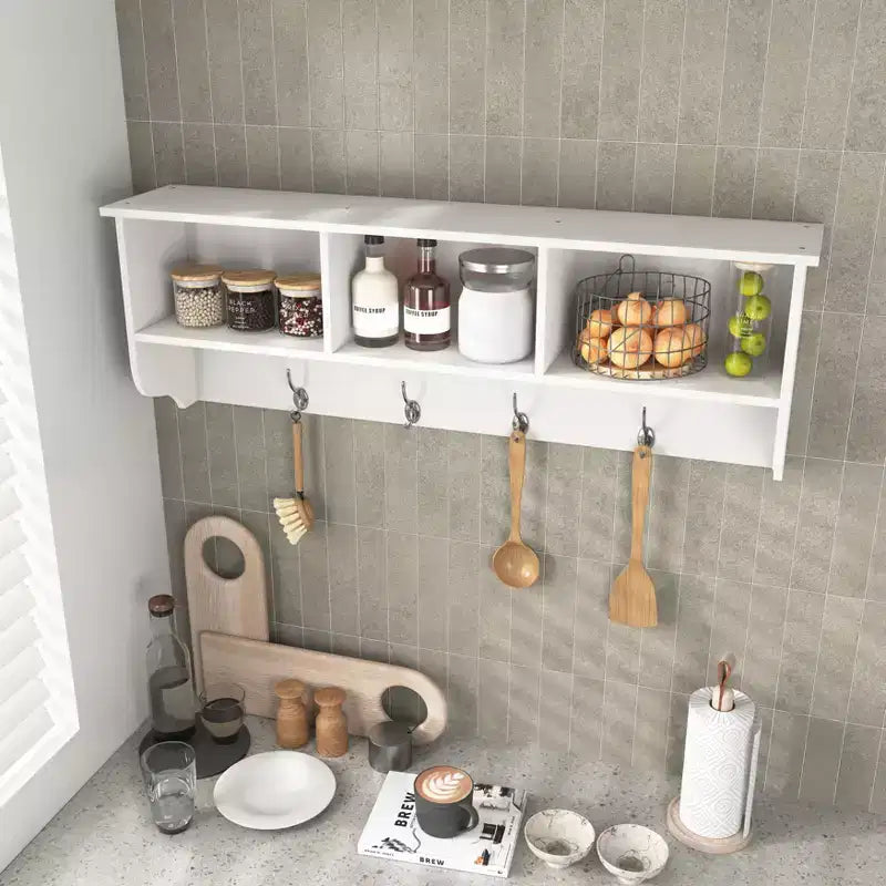 Coat Rack White Entryway Wall Mounted with 4 Dual Hooks Living Room Wooden Storage Shelf