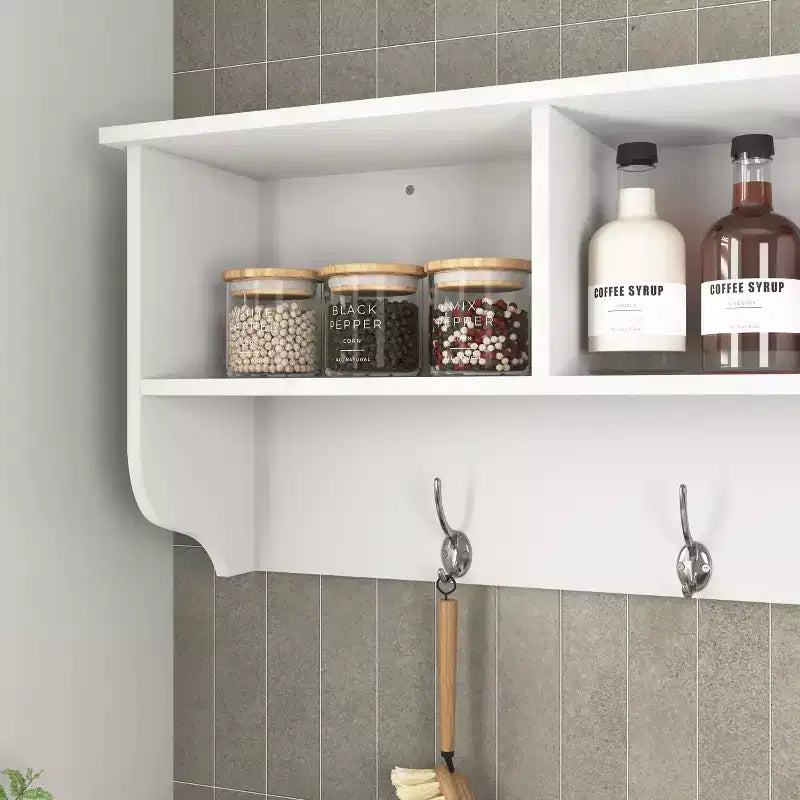 Coat Rack White Entryway Wall Mounted with 4 Dual Hooks Living Room Wooden Storage Shelf
