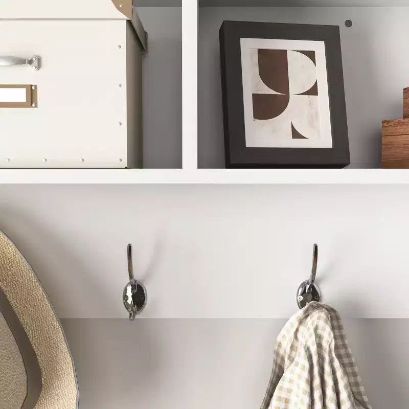 Coat Rack White Entryway Wall Mounted with 4 Dual Hooks Living Room Wooden Storage Shelf