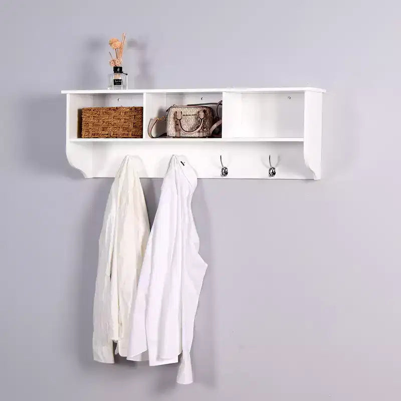 Coat Rack White Entryway Wall Mounted with 4 Dual Hooks Living Room Wooden Storage Shelf
