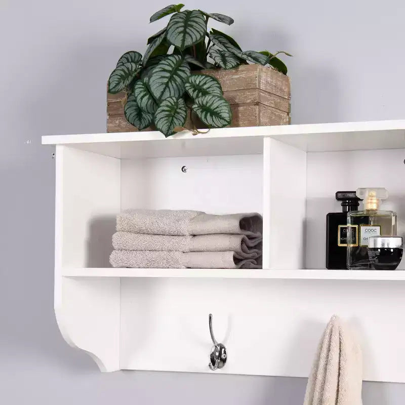Coat Rack White Entryway Wall Mounted with 4 Dual Hooks Living Room Wooden Storage Shelf