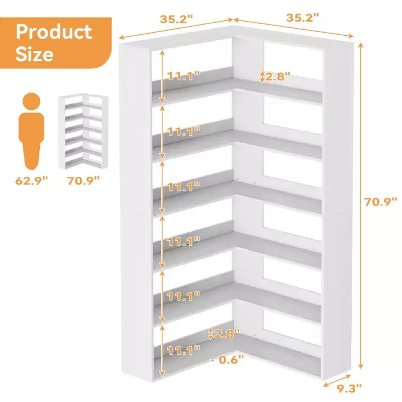 Corner Bookshelf, 6-Tier Tall Wooden Corner Bookcase with Baffles, Open Bookshelf L-Shaped Storage Display Rack, Bookcases Shelf Unit