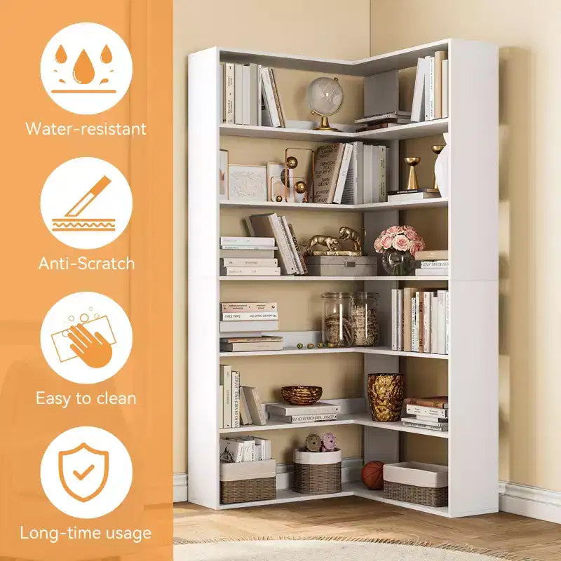 Corner Bookshelf, 6-Tier Tall Wooden Corner Bookcase with Baffles, Open Bookshelf L-Shaped Storage Display Rack, Bookcases Shelf Unit