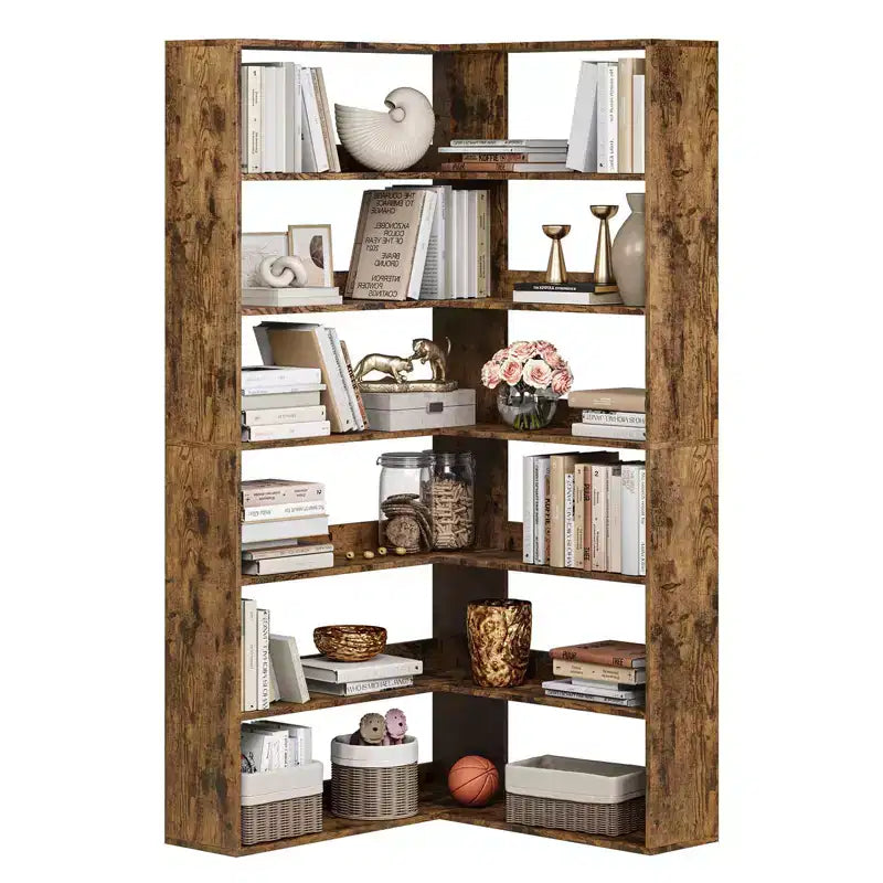 Corner Bookshelf, 6-Tier Tall Wooden Corner Bookcase with Baffles, Open Bookshelf L-Shaped Storage Display Rack, Bookcases Shelf Unit