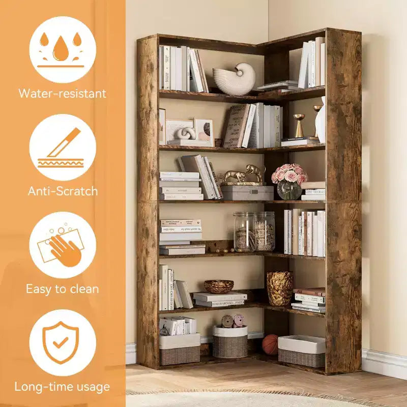 Corner Bookshelf, 6-Tier Tall Wooden Corner Bookcase with Baffles, Open Bookshelf L-Shaped Storage Display Rack, Bookcases Shelf Unit