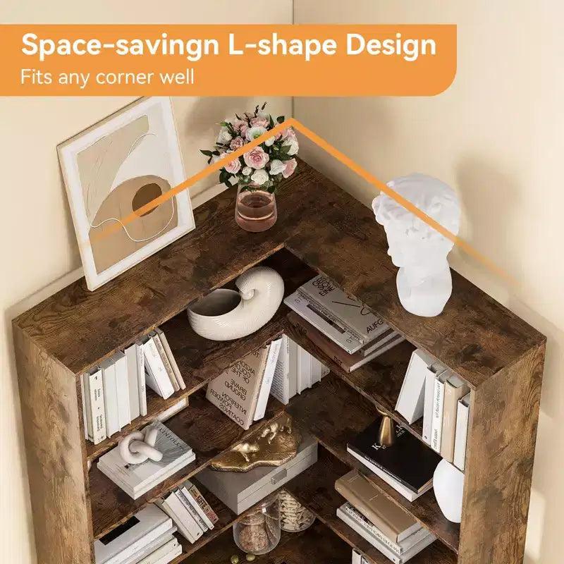 Corner Bookshelf, 6-Tier Tall Wooden Corner Bookcase with Baffles, Open Bookshelf L-Shaped Storage Display Rack, Bookcases Shelf Unit