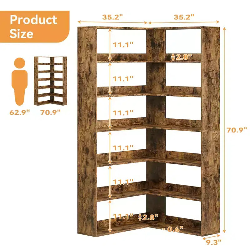 Corner Bookshelf, 6-Tier Tall Wooden Corner Bookcase with Baffles, Open Bookshelf L-Shaped Storage Display Rack, Bookcases Shelf Unit