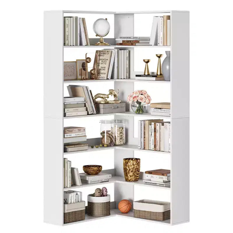 Corner Bookshelf, 6-Tier Tall Wooden Corner Bookcase with Baffles, Open Bookshelf L-Shaped Storage Display Rack, Bookcases Shelf Unit