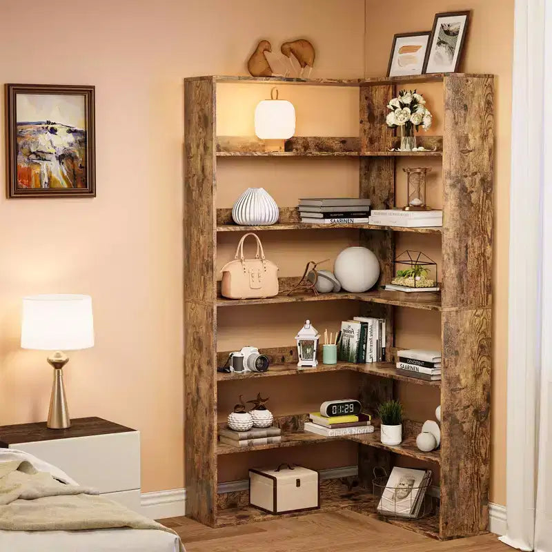 GustoWave Corner Bookshelf, 6-Tier Tall Wooden Corner Bookcase with Baffles, Open Bookshelf L-Shaped Storage Display Rack, Bookcases Shelf Unit