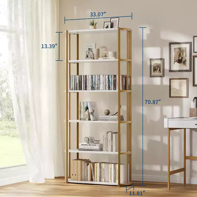 71 Bookshelf, 6 Tier Industrial Tall Book Shelf, Metal Frame Large Open Bookcase, Freestanding Wooden Bookshelf Storage Rack