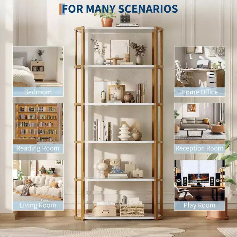 71 Bookshelf, 6 Tier Industrial Tall Book Shelf, Metal Frame Large Open Bookcase, Freestanding Wooden Bookshelf Storage Rack
