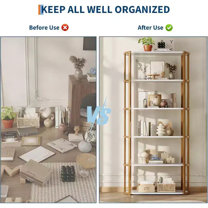 71 Bookshelf, 6 Tier Industrial Tall Book Shelf, Metal Frame Large Open Bookcase, Freestanding Wooden Bookshelf Storage Rack