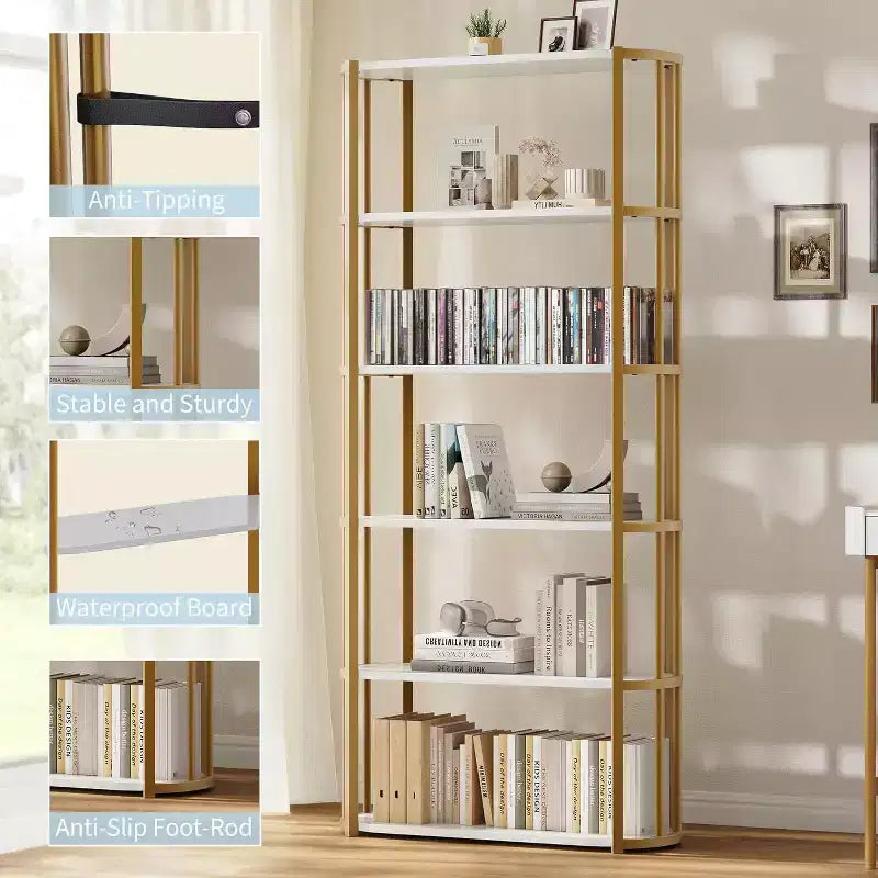 71 Bookshelf, 6 Tier Industrial Tall Book Shelf, Metal Frame Large Open Bookcase, Freestanding Wooden Bookshelf Storage Rack