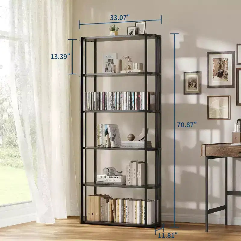 71 Bookshelf, 6 Tier Industrial Tall Book Shelf, Metal Frame Large Open Bookcase, Freestanding Wooden Bookshelf Storage Rack
