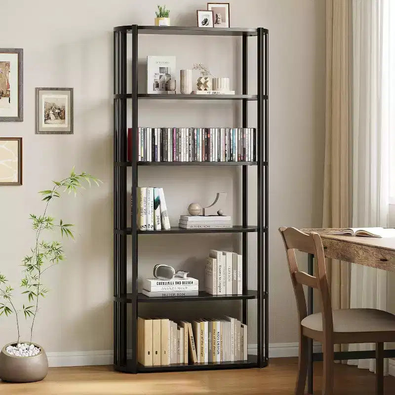 71 Bookshelf, 6 Tier Industrial Tall Book Shelf, Metal Frame Large Open Bookcase, Freestanding Wooden Bookshelf Storage Rack