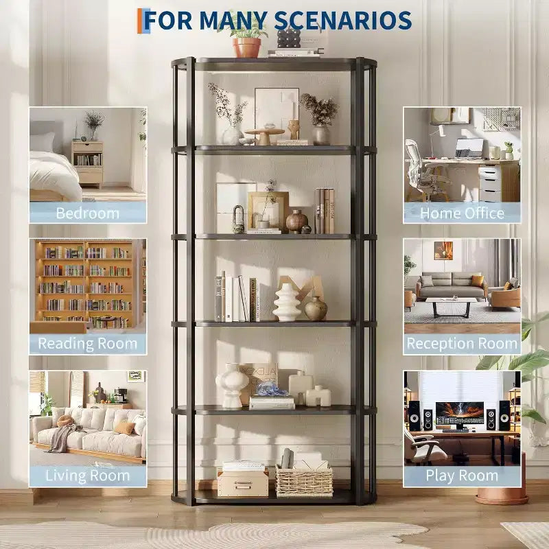 71 Bookshelf, 6 Tier Industrial Tall Book Shelf, Metal Frame Large Open Bookcase, Freestanding Wooden Bookshelf Storage Rack