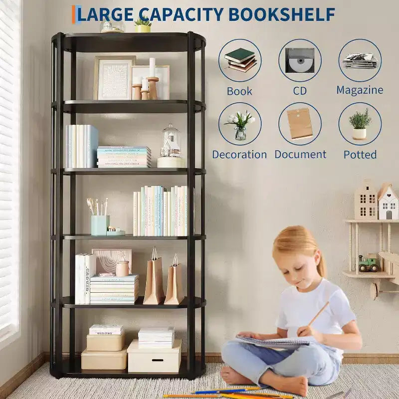71 Bookshelf, 6 Tier Industrial Tall Book Shelf, Metal Frame Large Open Bookcase, Freestanding Wooden Bookshelf Storage Rack