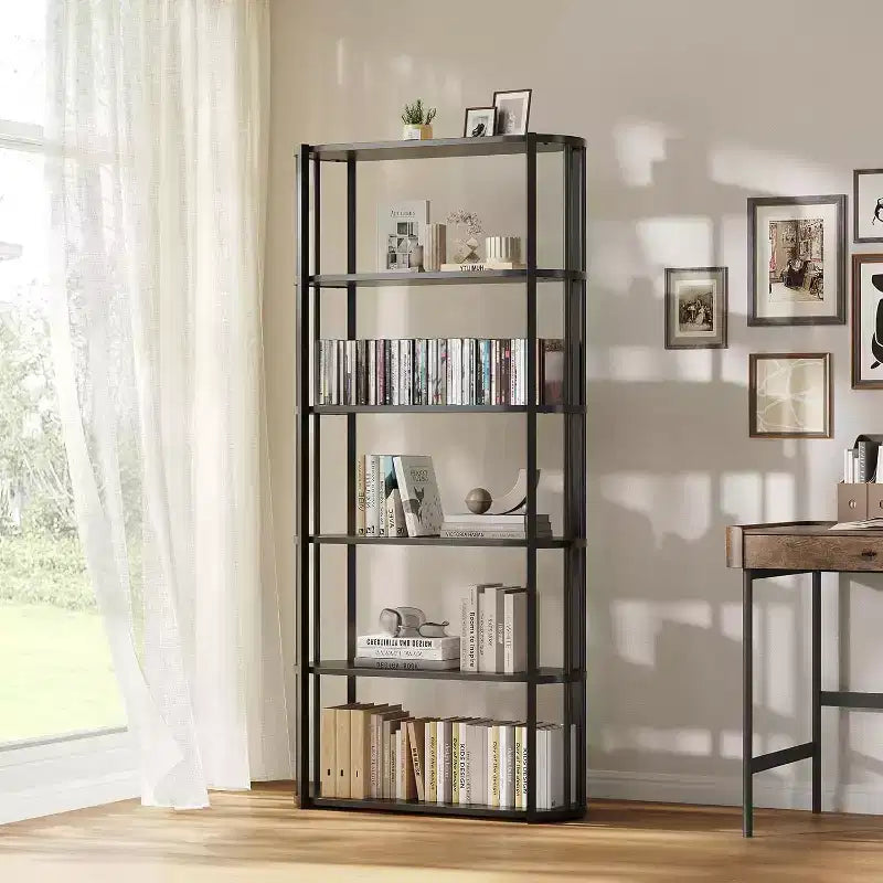 71 Bookshelf, 6 Tier Industrial Tall Book Shelf, Metal Frame Large Open Bookcase, Freestanding Wooden Bookshelf Storage Rack