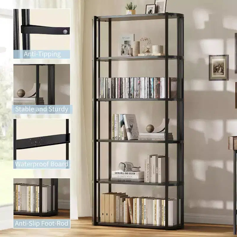 71 Bookshelf, 6 Tier Industrial Tall Book Shelf, Metal Frame Large Open Bookcase, Freestanding Wooden Bookshelf Storage Rack