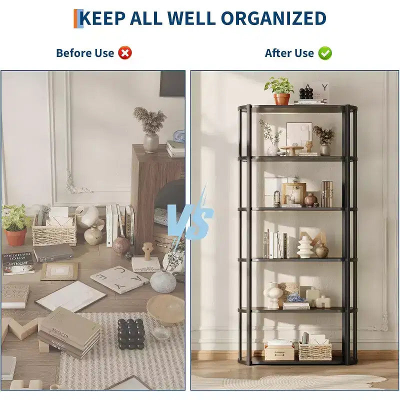 71 Bookshelf, 6 Tier Industrial Tall Book Shelf, Metal Frame Large Open Bookcase, Freestanding Wooden Bookshelf Storage Rack