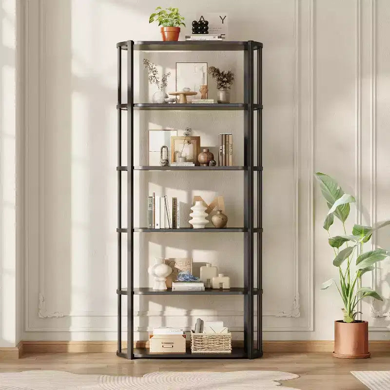 71 Bookshelf, 6 Tier Industrial Tall Book Shelf, Metal Frame Large Open Bookcase, Freestanding Wooden Bookshelf Storage Rack