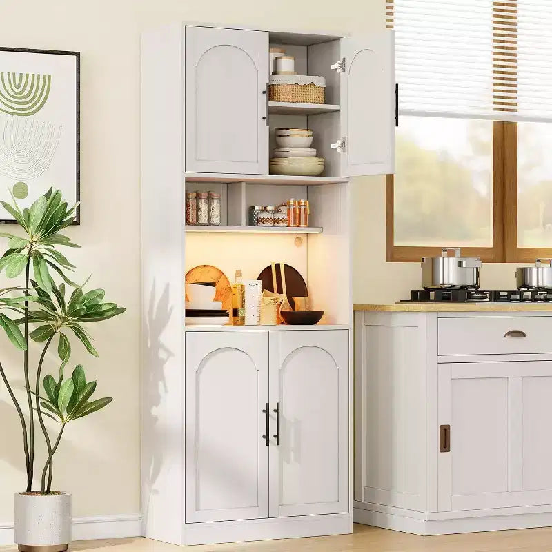 71 Inch Tall Kitchen Pantry Cabinet with Microwave Stand & Led Lights, Hutch Storage Cabinet, Slim Wood Cupboard for Dining Rooms, Apartments, White